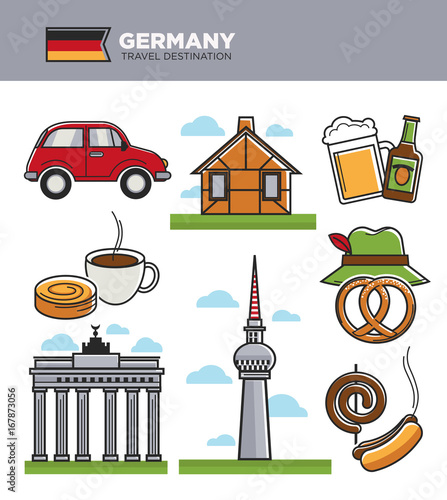 Germany travel tourism landmark symbols and tourist culture famous attractions vecto icons
