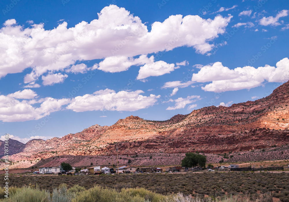 Navajo settlement in Arizona. Desert landscape and the Navajo farm