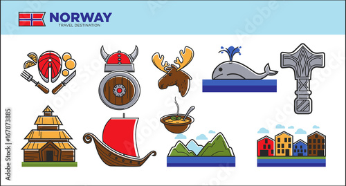 Norway travel landmark symbols or Norwegian tourist famous culture attraction vector icons