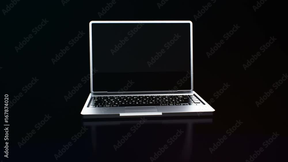 Animated futuristic background with laptop opening on illuminated surface against black background Animated futuristic background with laptop opening on illuminated surface against black background