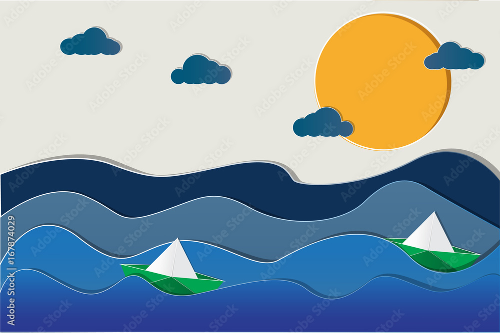 Naklejka premium Paper cut in summer ocean concept. In the ocean there are two ships are cruising through the waves at sunset in paper cut effect background ESP10.