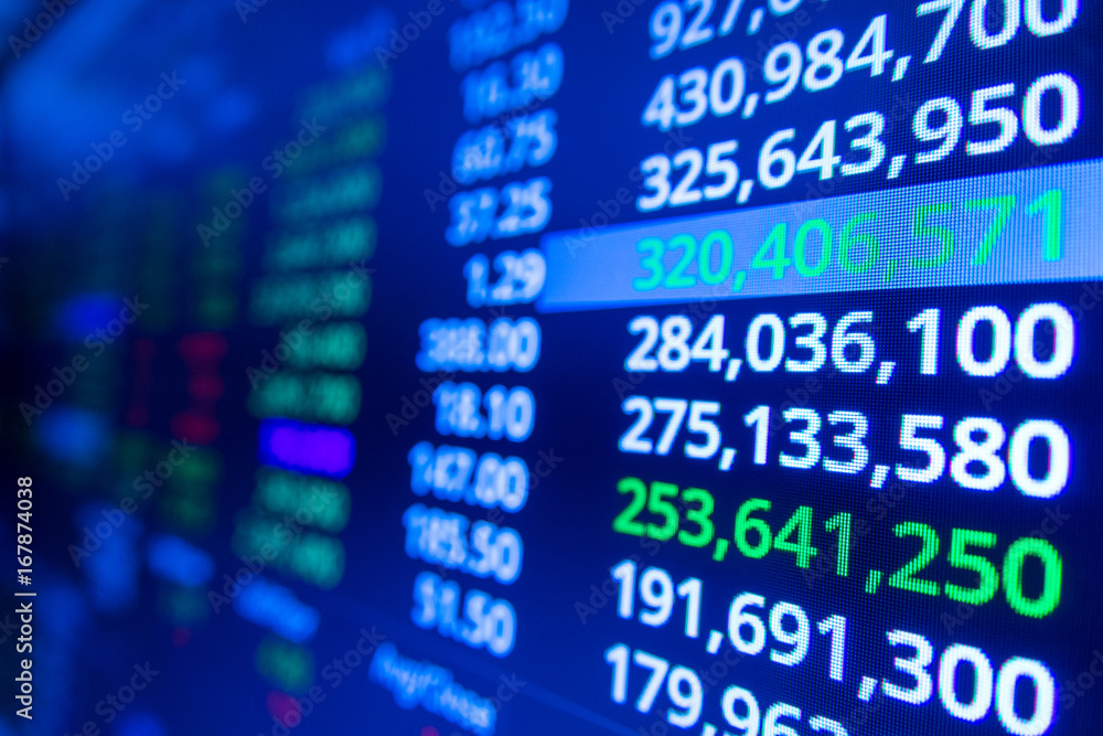 Stock market graph and ticker with blue screen for stock exchange analysis