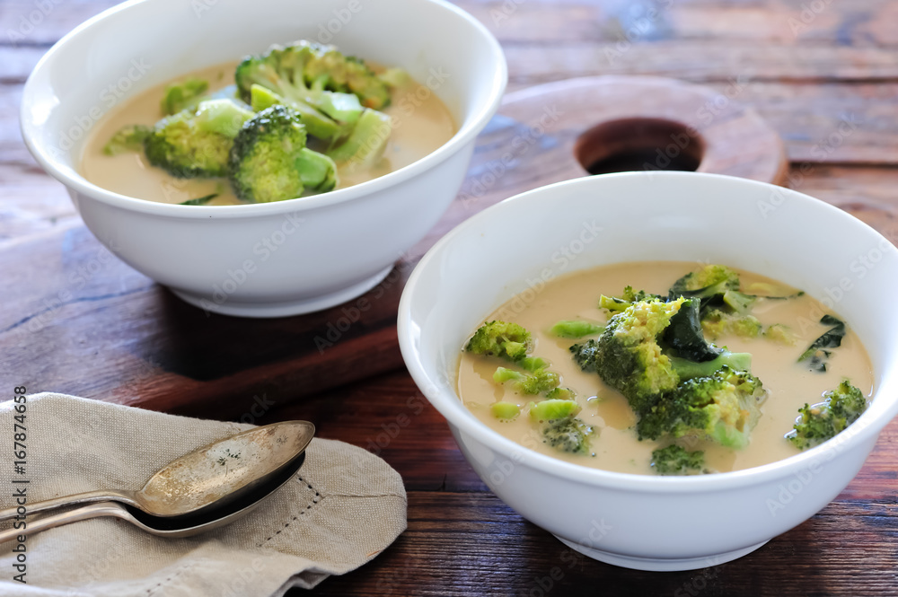 Homemade soup with broccoli, balanced meal Homemade soup with broccoli, balanced meal