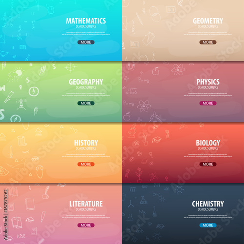 Set of banners school subjects. Back to School background. Education banner.