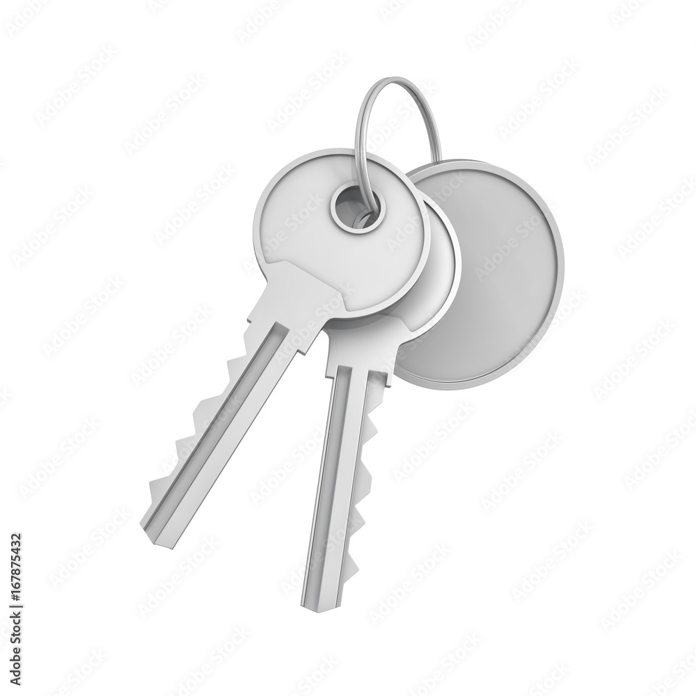 3d rendering of two isolated silver keys on a key ring with a blank round medal behind. 3d rendering of two isolated silver keys on a key ring with a blank round medal behind.