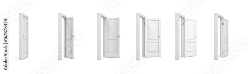 Fototapeta Naklejka Na Ścianę i Meble -  3d rendering set of white wooden doors in different stages of opening.