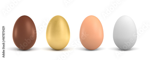 3d rendering of four eggs of different colors, a chocolate, a golden, a brown and a white one.