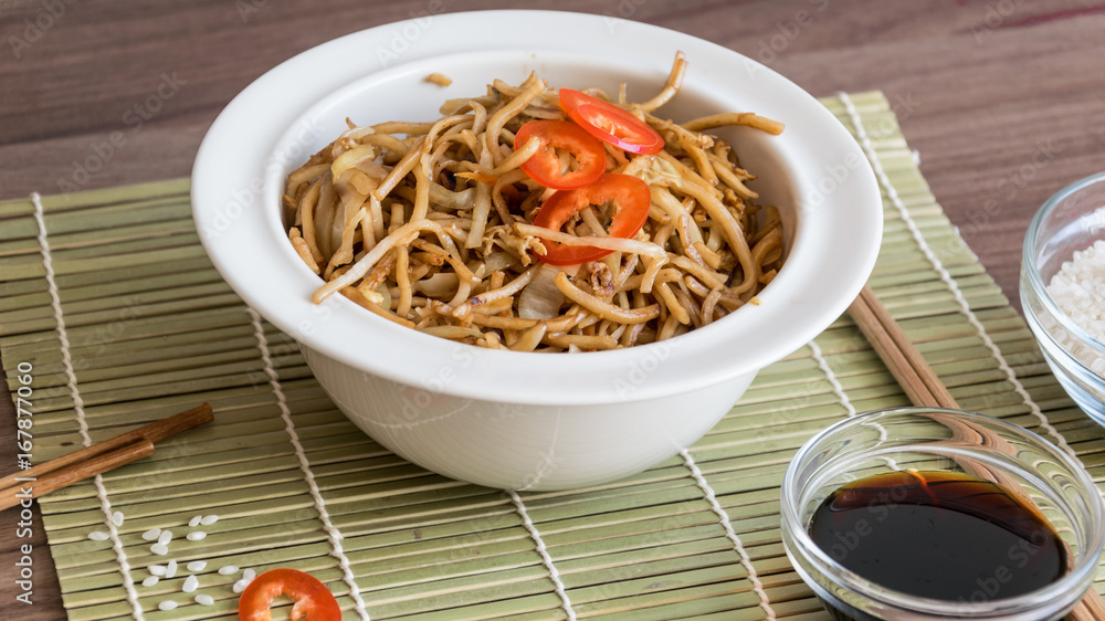 Chinese noodles with vegetables and soy sauce