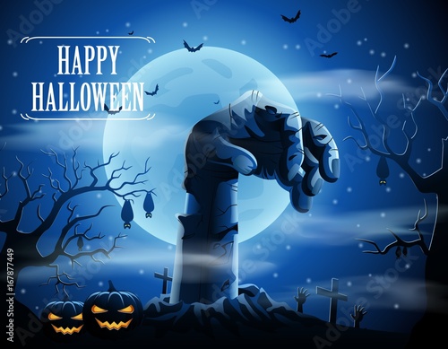 Halloween background with zombies and the moon. Vector illustration