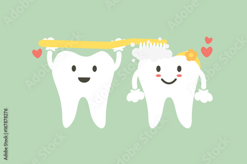 cute couple tooth are brushing teeth with heart