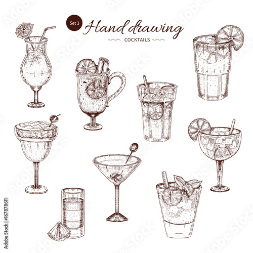 Alcoholic Cocktails Hand Drawn Monochrome Set