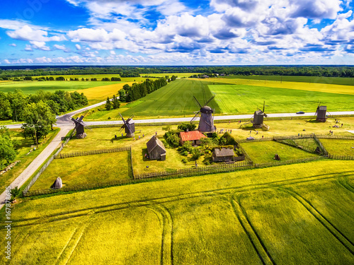 Saarema Island, Estonia: beautiful aerial top view of summer fields and Angla windmills in Leisi Parish photo