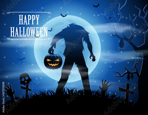 Halloween background with zombies and the moon. Vector illustration
