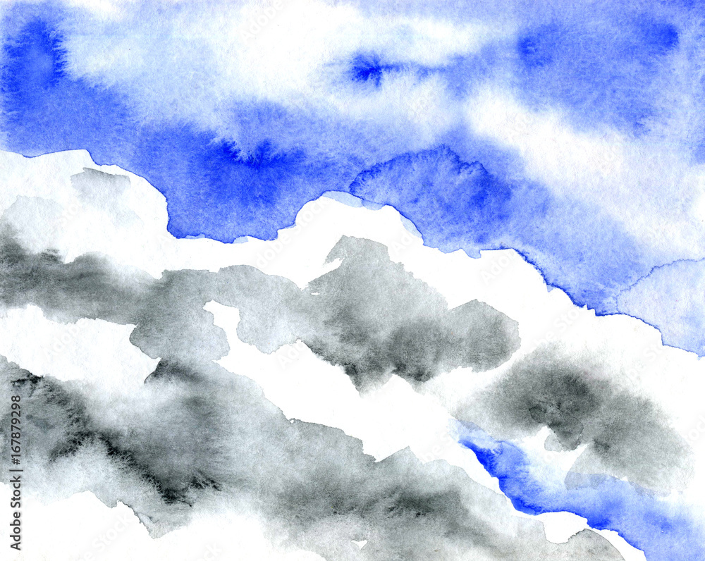 Soft clouds in blue sky for background. Watercolor techniques.