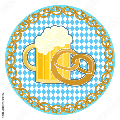 Traditional german oktoberfest holiday symbol with beer and pretzel on round bavarian flag background with pretzel frame