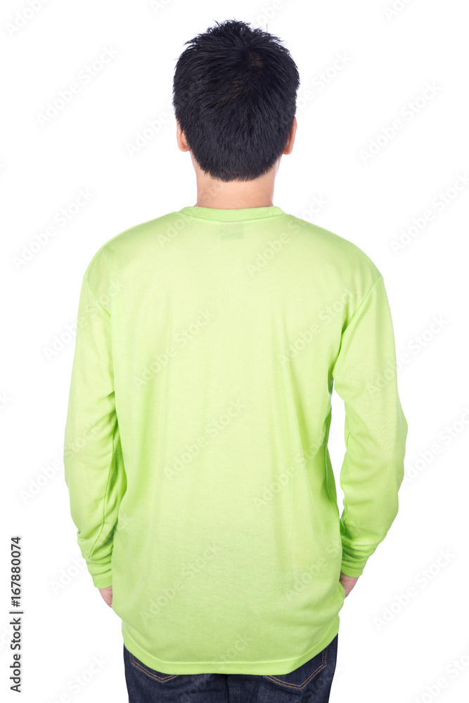 man in green long sleeve t-shirt isolated on white background (back side) man in green long sleeve t-shirt isolated on white background (back side)