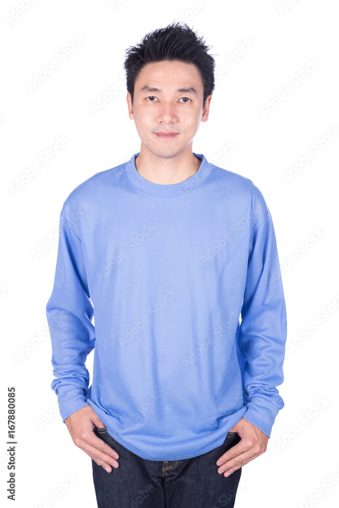 man in blue long sleeve t-shirt isolated on a white background man in blue long sleeve t-shirt isolated on a white background