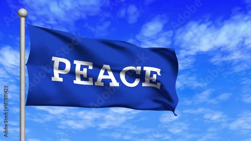 Computer generated a peace flag loop waving in wind and against a cloudy blue sky