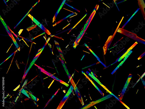 Crystal layer seen in polarized light in a microscope.