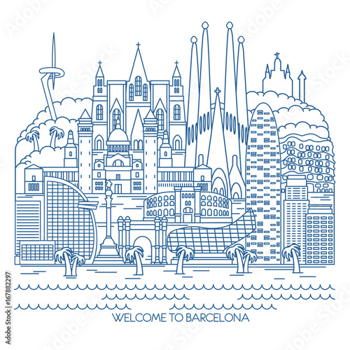 Barcelona skyline detailed silhouette. Vector line illustration