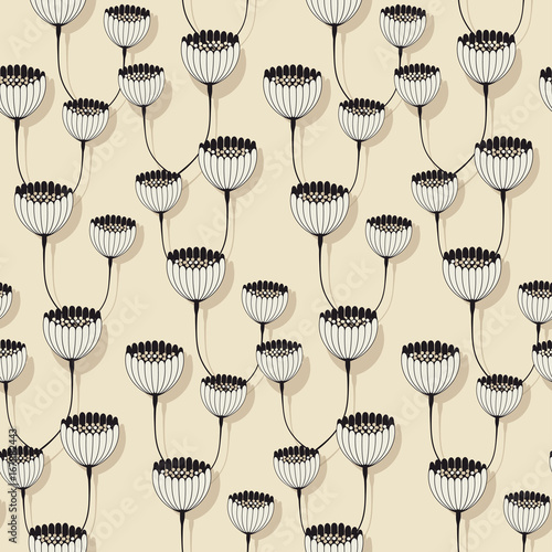 autumn cup flowers seamless pattern in ivory and black