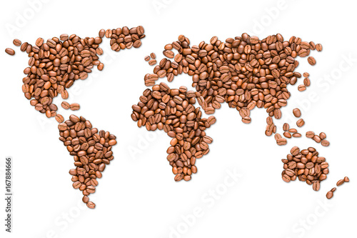 Roasted coffee beans earth map isolated on white background