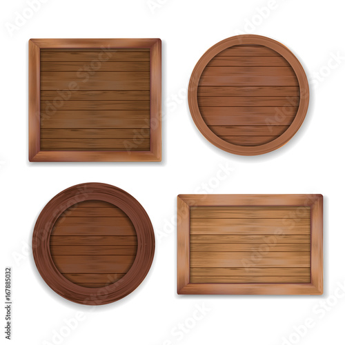 Wooden labels collection. Vector shapes made of wood - square, rectangle, circle for stickers, banners, badges.