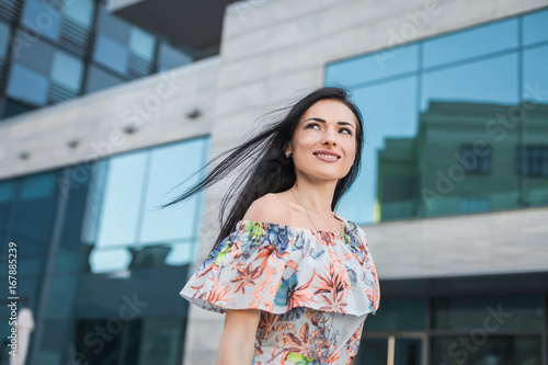 smiling woman in city