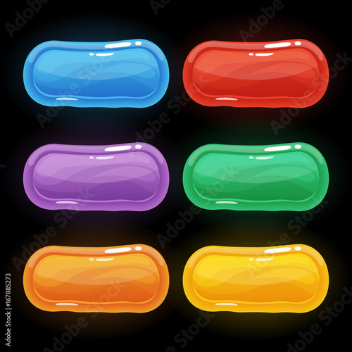 Colorful rectangle or oval glossy buttons set, vector assets for web or game design, app icons vector template isolated on black background.