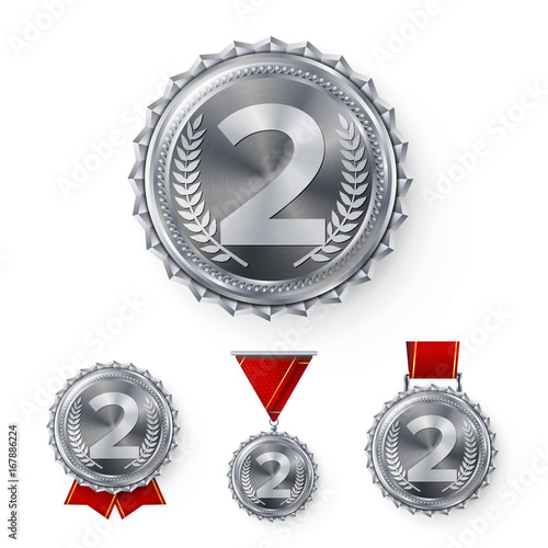 Champion Silver Medals Set Vector. Metal Realistic 2nd Placement Winner Achievement. Number Two. Round Medal With Red Ribbon. Relief Detail. Best Challenge Award. Sport Competition Game Chrome Trophy