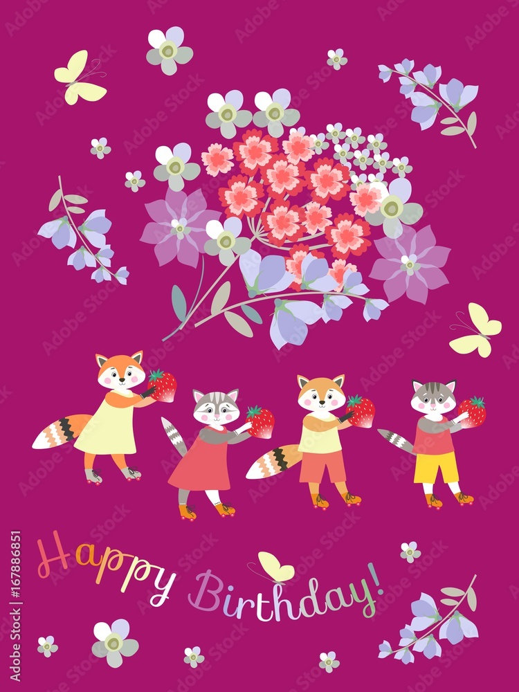 Happy birthday card with cheerful cats and foxes. Happy birthday card with cheerful cats and foxes.