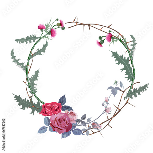 Vintage round frame: thistle, red roses (bouquet, flowers, buds, leaves), prickly branches on white background. Vector illustration, watercolor style. Concept for Halloween. Digital draw.