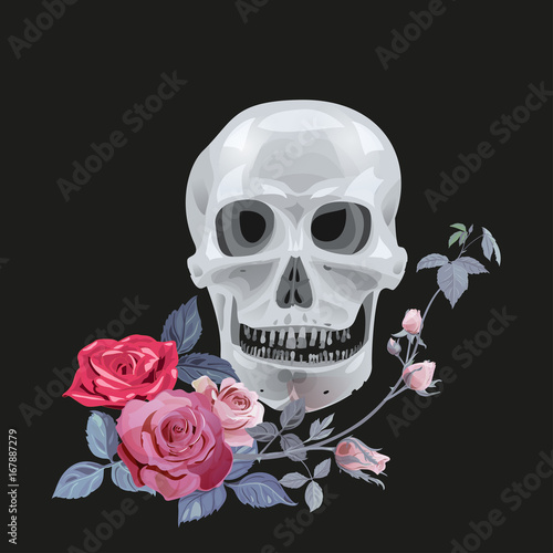 Monochrome gray skull and red roses (bouquet, flowers, buds and leaves) on black background. Vector illustration, watercolor style. Concept for Halloween design. Digital draw.