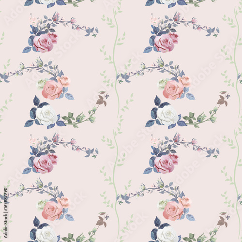 Vector square floral seamless pattern, branch white, red, pink rose, bouquet garden flowers, buds, leaves on pink background, illustration for fabric, wallpaper, wrapping, pastel colored, vintage
