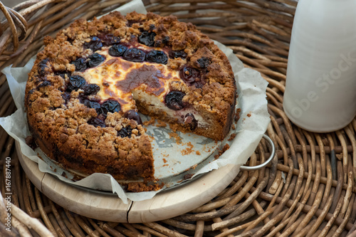 homemade cake with cherry and ricotta crumble