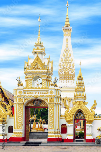 Main doorway to Buddhist temple of Wat Phra That Phanom houses famous stupa containing Buddha's breast bone in Nakhon Phanom Province, northeastern Thailand.
