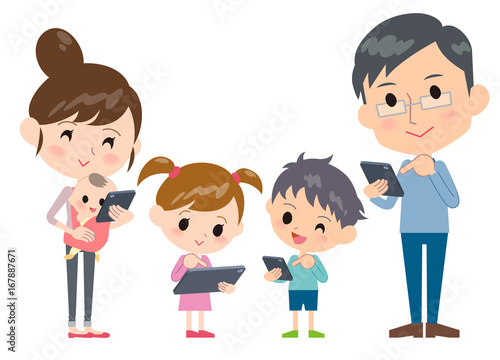 family 2 generations internet communication smartphone tablet wide