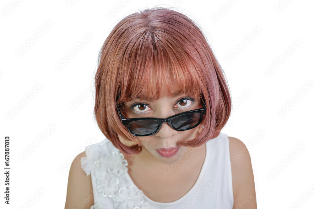 Surprised Asian Woman With Pink Shot Hair Looking You Above Eyeglasses Stock Photo Adobe Stock