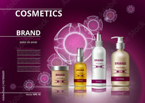 Digital Vector Realistic Cosmetics set collection packages. Hydrating cream, oil, spray and serum. Bottles for beauty products with logo label design. 3d on sparkling backgrounds