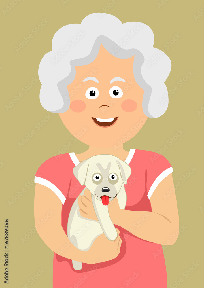 Cute elderly senior woman holding labrador puppy Cute elderly senior woman holding labrador puppy
