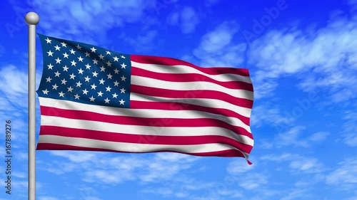 Computer generated USA flag loop waving in wind and against a cloudy blue sky