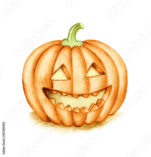 Smiling Halloween Pumpkin. Hand drawing illustration. Horror night. Halloween Party Illustration.