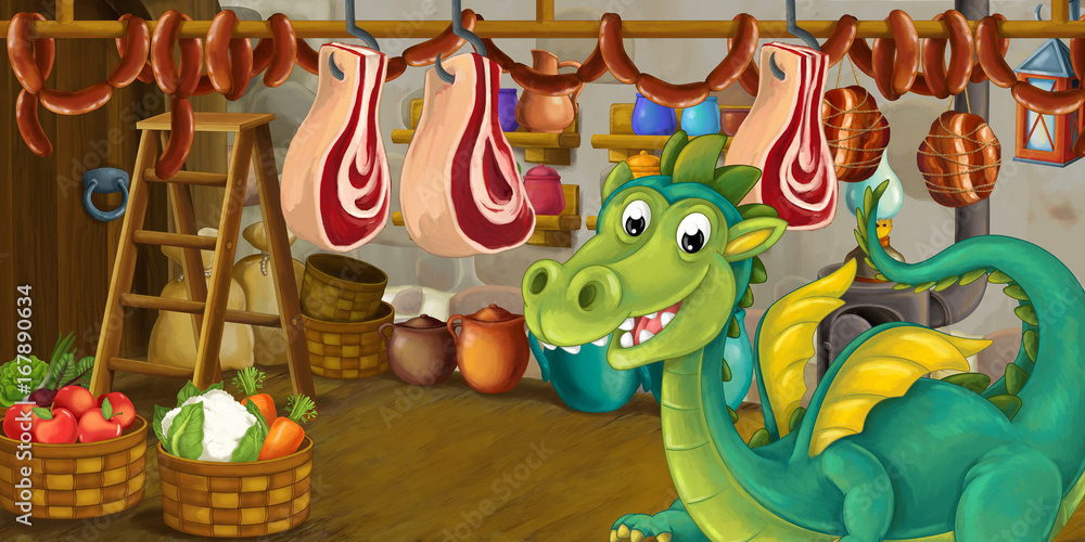 Obraz premium Cartoon scene of dragon stealing food from the basement - illustration for children