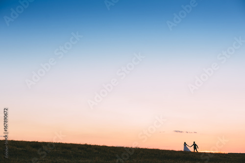 couple bride and groom on field background.
