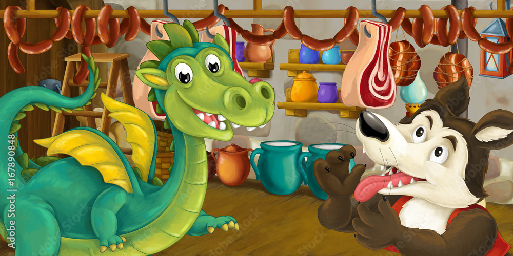 Naklejka premium Cartoon scene of dragon and wolf stealing food from the basement - illustration for children