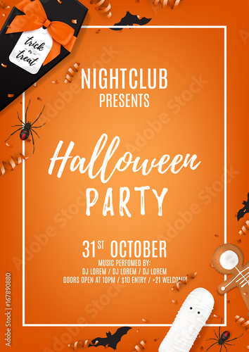 Orange halloween party flyer template. Top view on spiders, paper bats and confetti. Vector illustration with cookies and serpentine. Invitation to nightclub with black gift box.