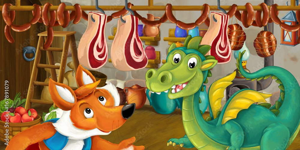 Naklejka premium Cartoon scene of fox and dragon stealing food from the basement - illustration for children