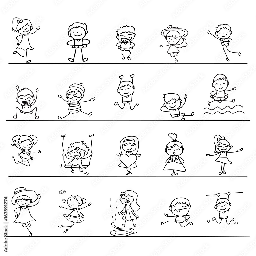 Set of hand drawing abstract happy cute kids line art