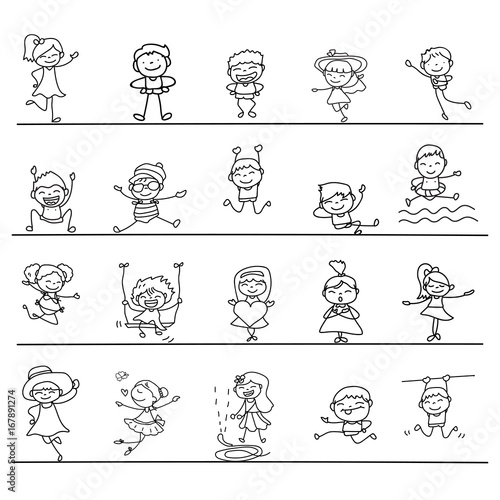Set of hand drawing abstract happy cute kids line art