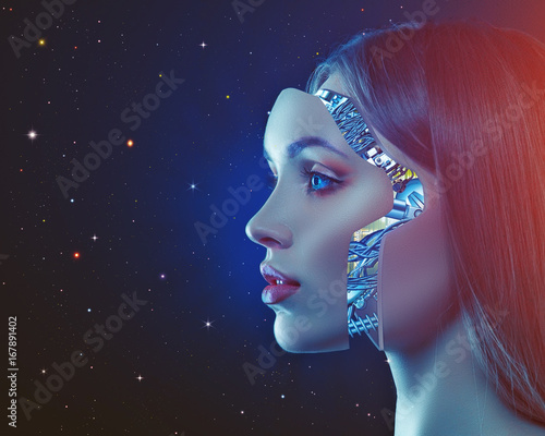 Cyber look. Science and technology backgrounds with futuristic female portrait